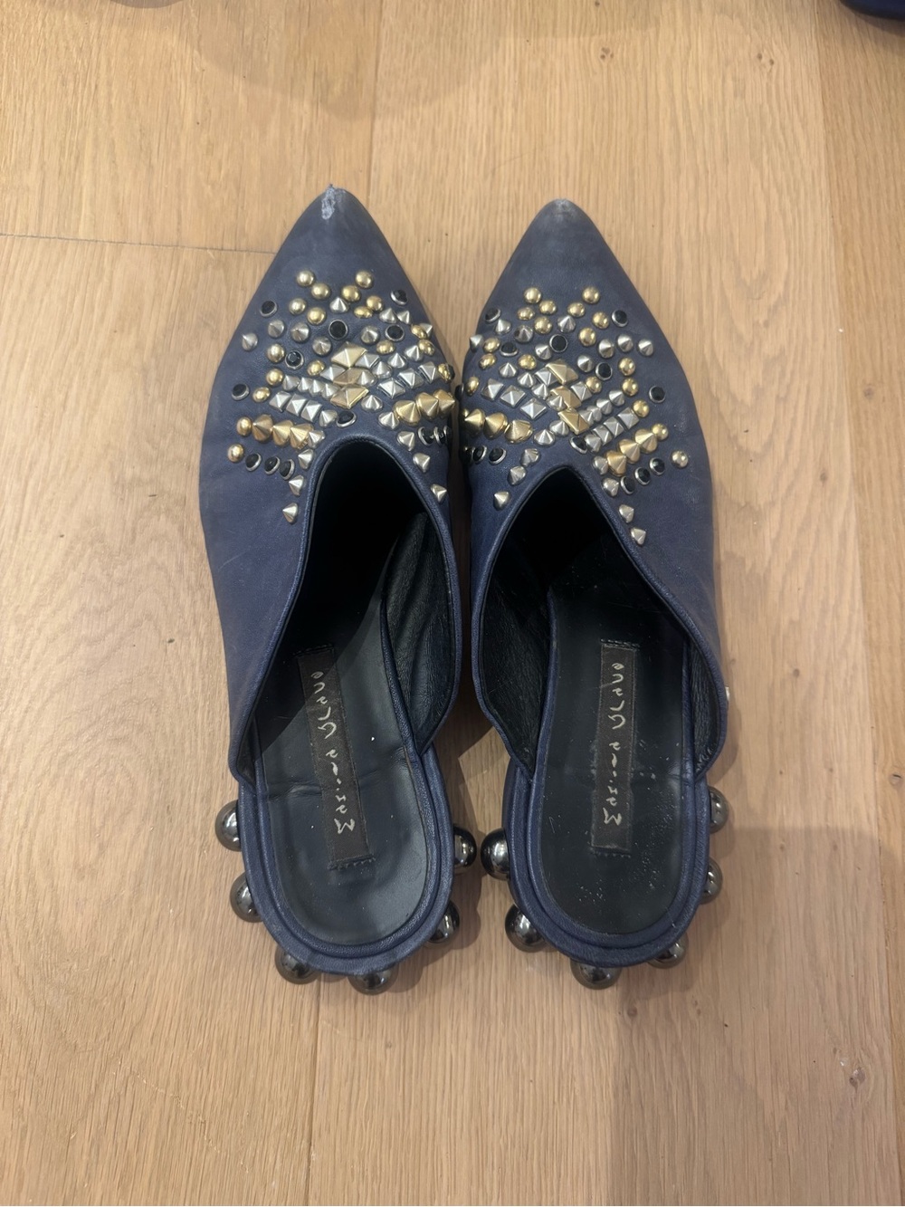 Studded Pointed Navy Mule Flats